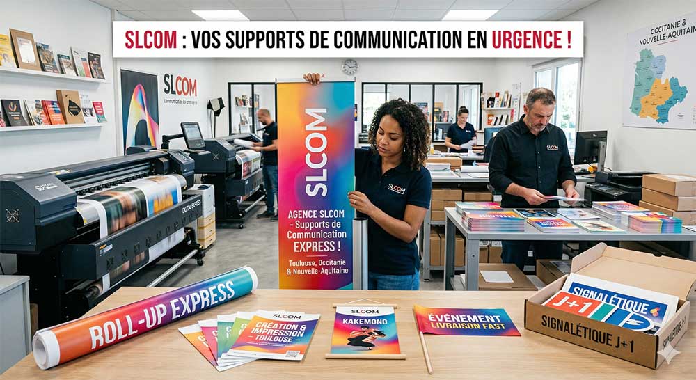 Urgence Roll-up, oriflamme, kakemono; flyers, signalétique de dernière minute : SLCOM