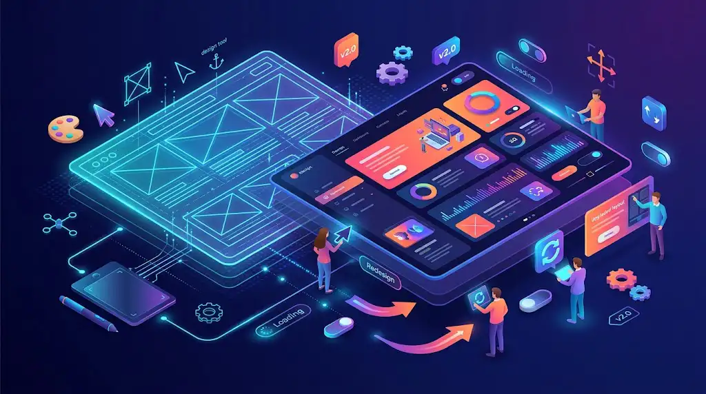 Illustration de la refonte d’un site internet pour améliorer son design, son référencement SEO et son affichage mobile.